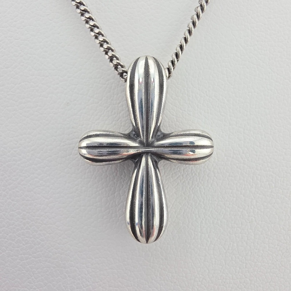 BRIGHTON 'Amphora Cross' Necklace Puffy Petite Silver Plate Curb Chain 18"